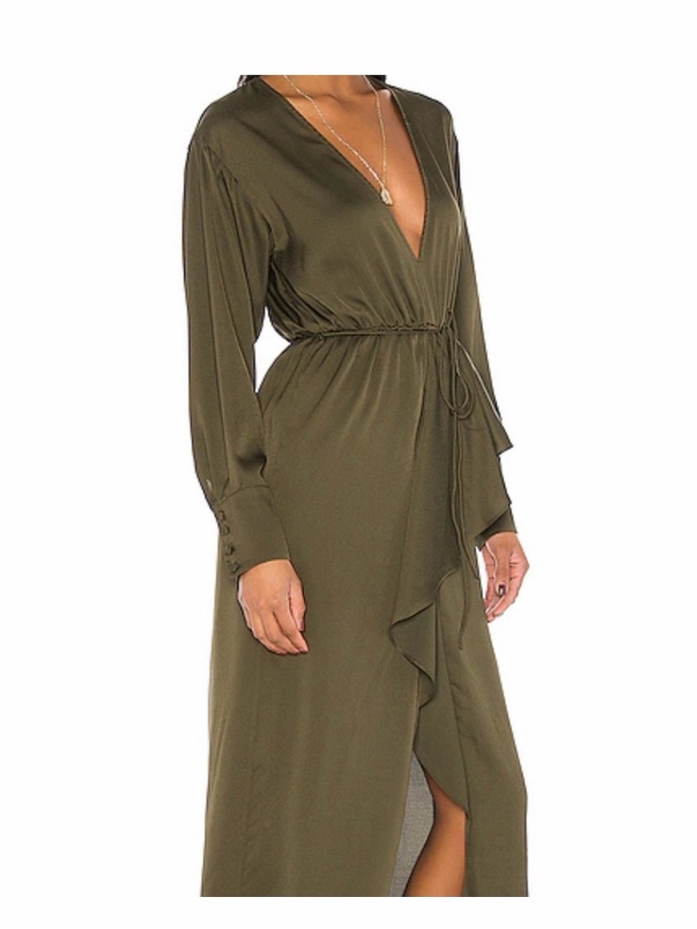 L'Academie The Tracee Midi. Olive Wrap Midi Dress with Ruffle Front